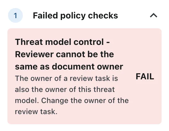 A failed policy check panel reading: Threat model control — reviewer cannot be the same as document owner. The owner of a review task is also the owner of this threat model. Change the owner of the review task.