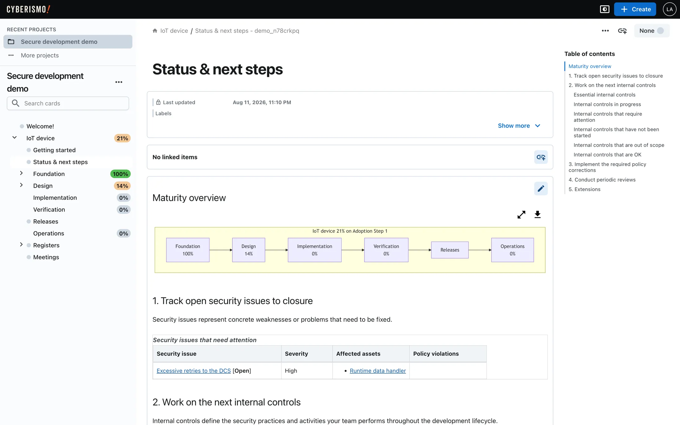 The Cyberismo application showing the status and next steps page of a project.